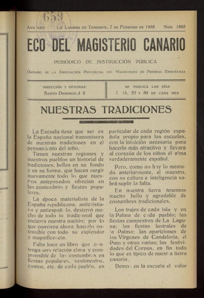 Miniatura de Eco del Magisterio Canario: periódico de instrucción pública del 7 de febrero de 1938, nº 1803