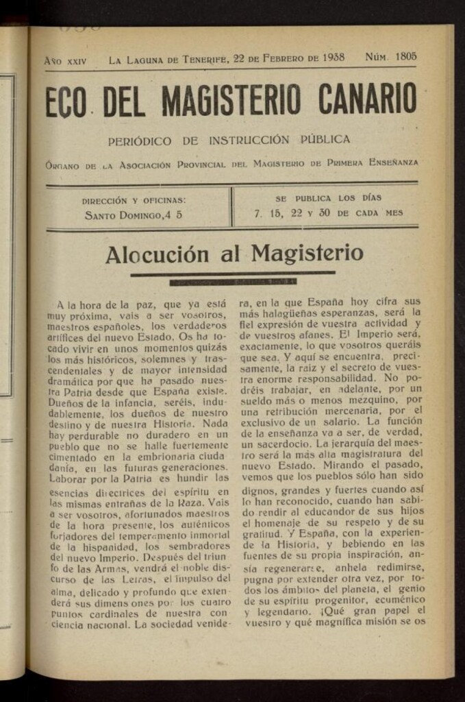 Miniatura de Eco del Magisterio Canario: periódico de instrucción pública del 22 de febrero de 1938, nº 1805
