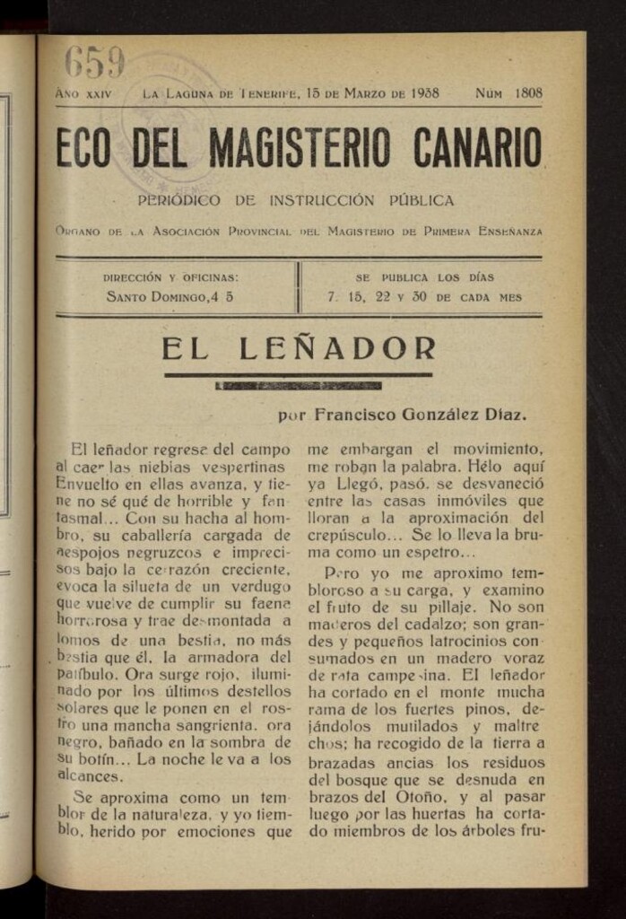 Miniatura de Eco del Magisterio Canario: periódico de instrucción pública del 15 de marzo de 1938, nº 1808