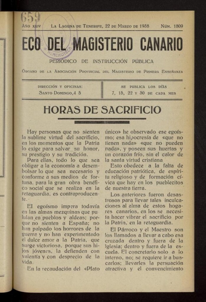 Miniatura de Eco del Magisterio Canario: periódico de instrucción pública del 22 de marzo de 1938, nº 1809