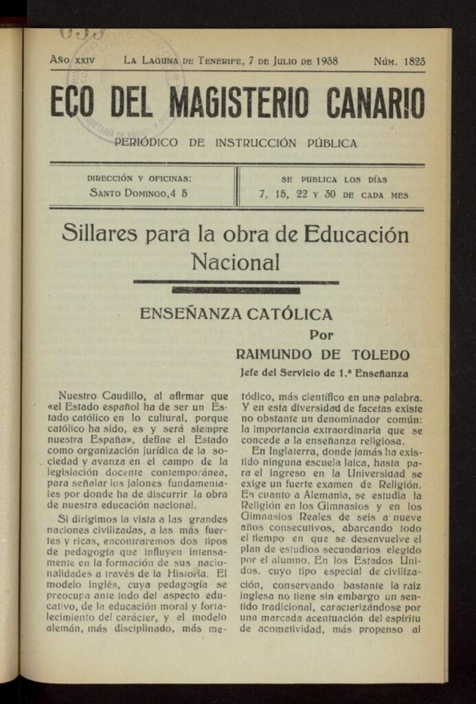 Miniatura de Eco del Magisterio Canario: periódico de instrucción pública del 7 de julio de 1938, nº 1823