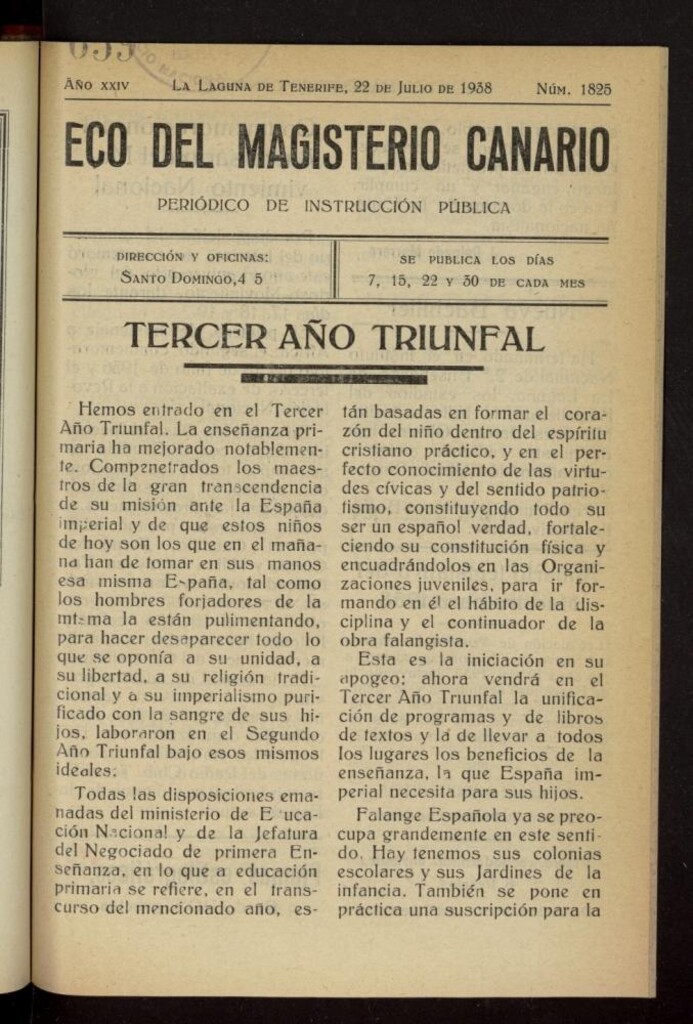 Miniatura de Eco del Magisterio Canario: periódico de instrucción pública del 22 de julio de 1938, nº 1825