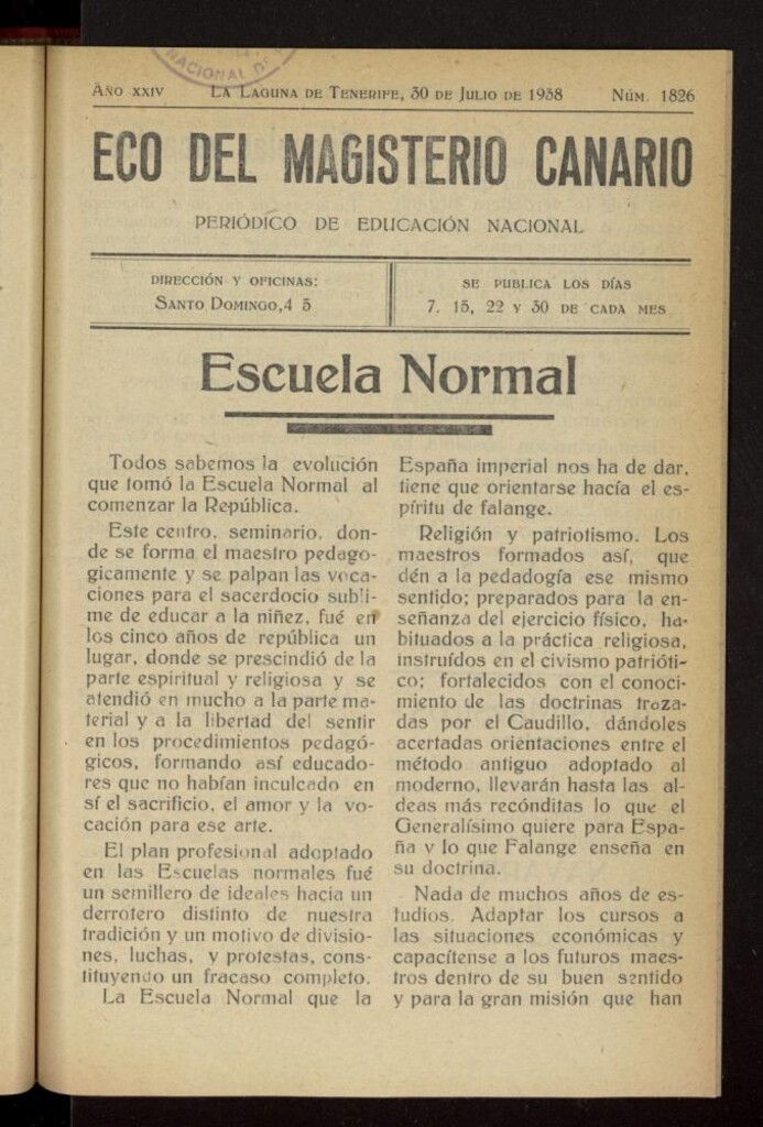 Miniatura de Eco del Magisterio Canario: periódico de instrucción pública del 30 de julio de 1938, nº 1826
