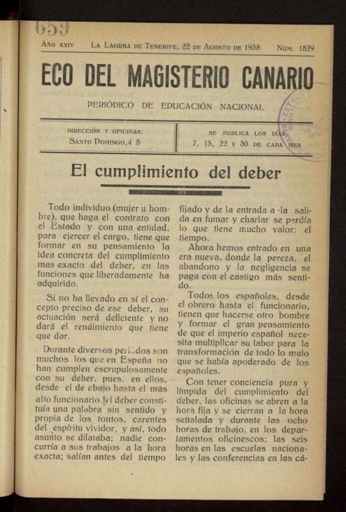 Miniatura de Eco del Magisterio Canario: periódico de instrucción pública del 22 de agosto de 1938, nº 1829