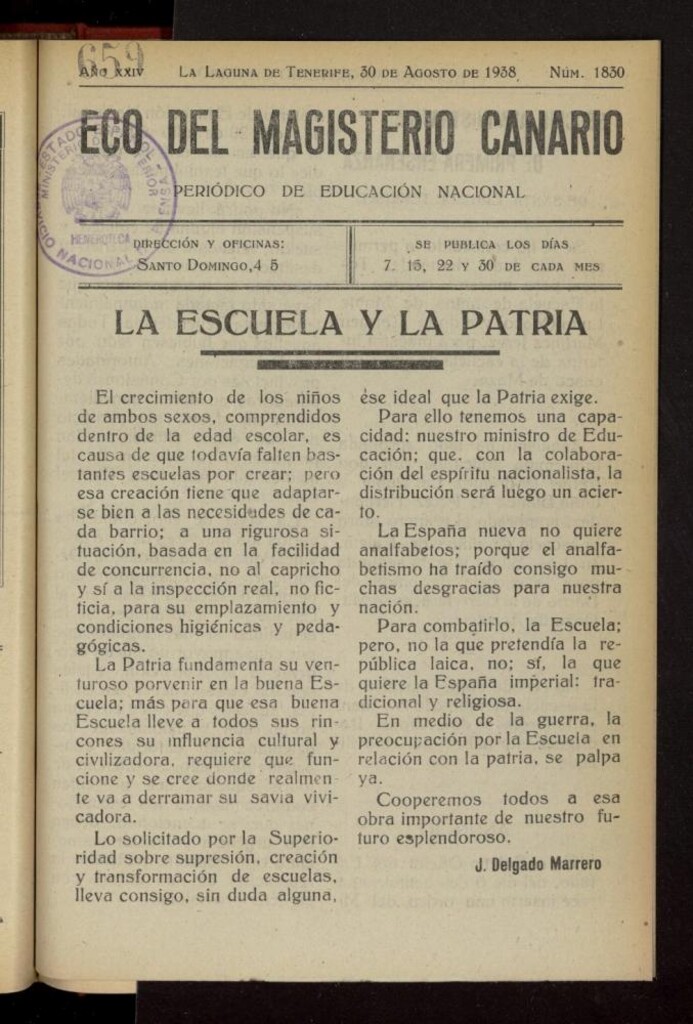 Miniatura de Eco del Magisterio Canario: periódico de instrucción pública del 30 de agosto de 1938, nº 1830