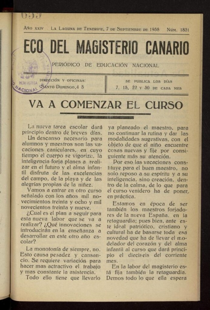 Miniatura de Eco del Magisterio Canario: periódico de instrucción pública del 7 de septiembre de 1938, nº 1831