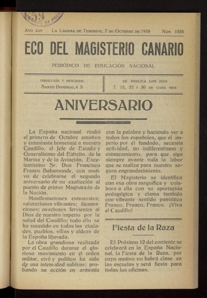 Miniatura de Eco del Magisterio Canario: periódico de instrucción pública del 7 de octubre de 1938, nº 1835