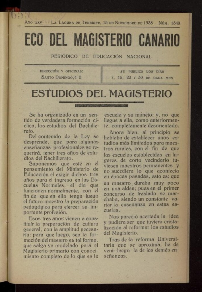 Miniatura de Eco del Magisterio Canario: periódico de instrucción pública del 15 de noviembre de 1938, nº 1840