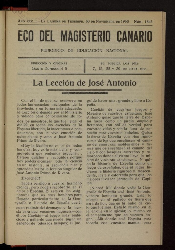 Miniatura de Eco del Magisterio Canario: periódico de instrucción pública del 30 de noviembre de 1938, nº 1842