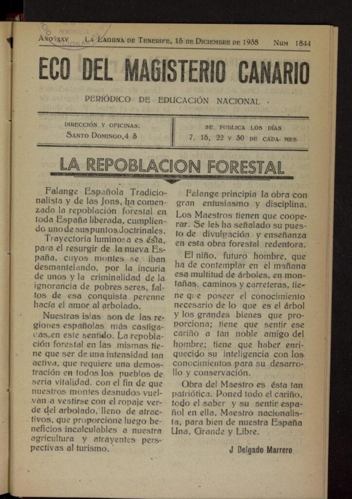 Miniatura de Eco del Magisterio Canario: periódico de instrucción pública del 15 de diciembre de 1938, nº 1844