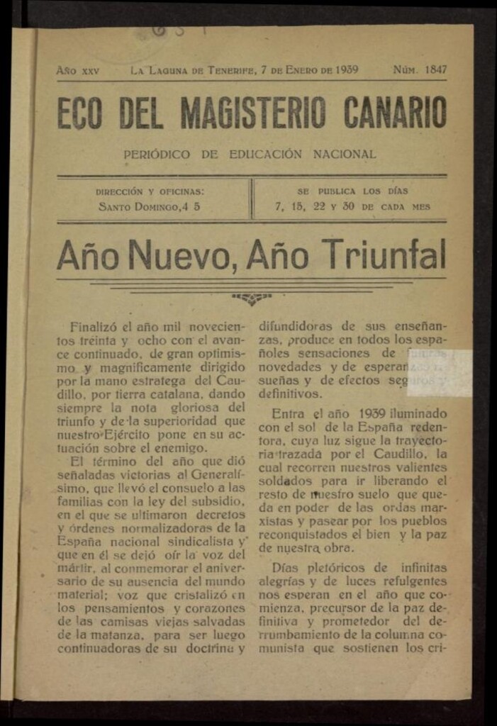 Miniatura de Eco del Magisterio Canario: periódico de instrucción pública del 7 de enero de 1939, nº 1847