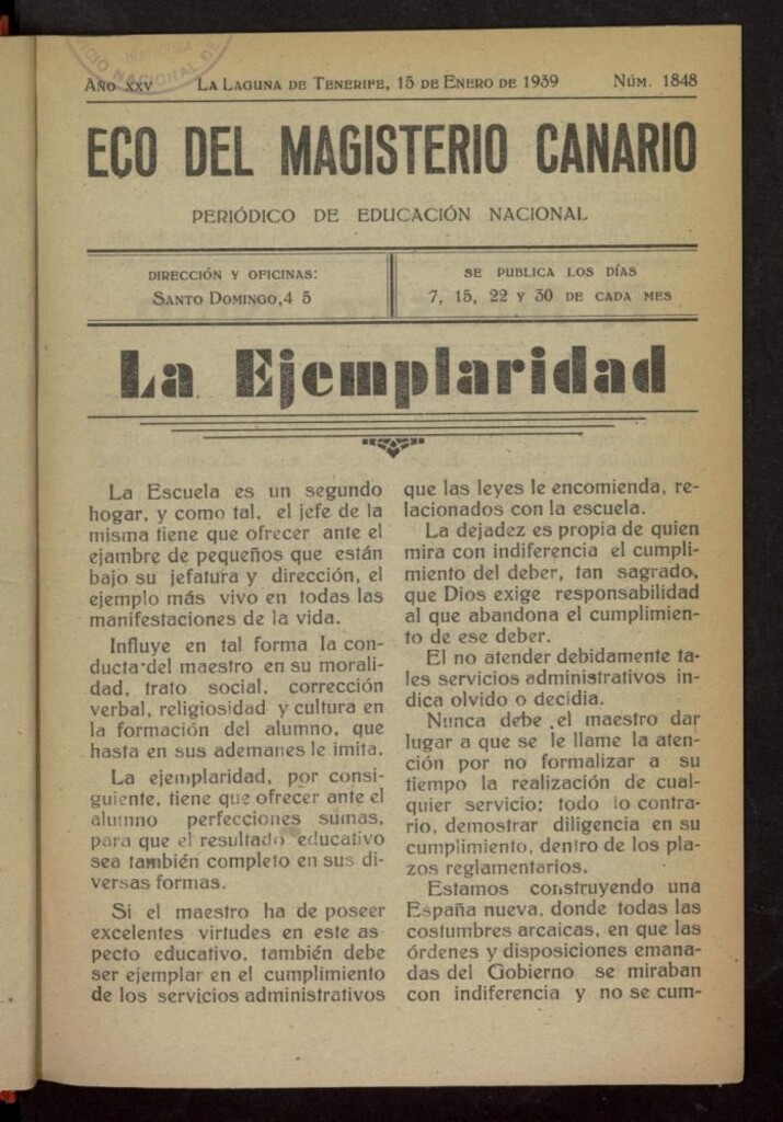 Miniatura de Eco del Magisterio Canario: periódico de instrucción pública del 15 de enero de 1939, nº 1848