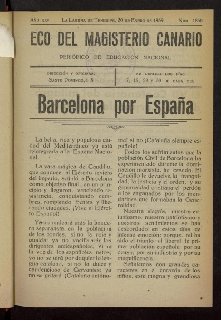 Miniatura de Eco del Magisterio Canario: periódico de instrucción pública del 30 de enero de 1939, nº 1850