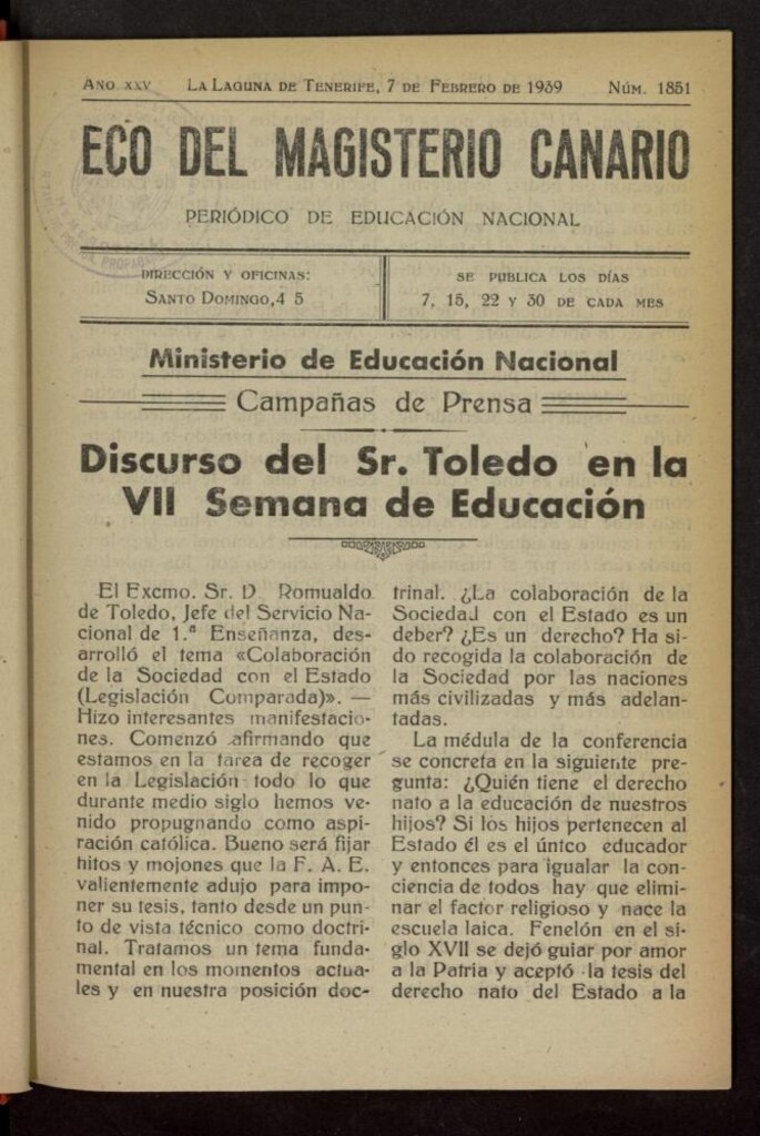 Miniatura de Eco del Magisterio Canario: periódico de instrucción pública del 7 de febrero de 1939, nº 1851