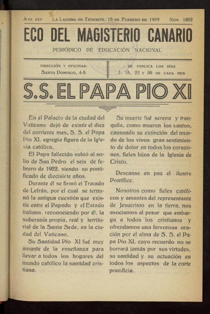 Miniatura de Eco del Magisterio Canario: periódico de instrucción pública del 15 de febrero de 1939, nº 1852