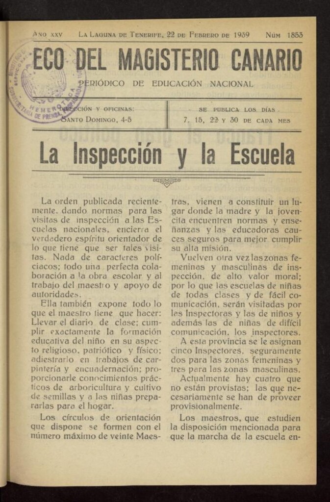 Miniatura de Eco del Magisterio Canario: periódico de instrucción pública del 22 de febrero de 1939, nº 1853