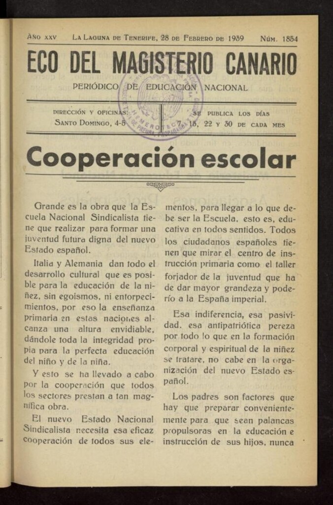 Miniatura de Eco del Magisterio Canario: periódico de instrucción pública del 28 de febrero de 1939, nº 1854