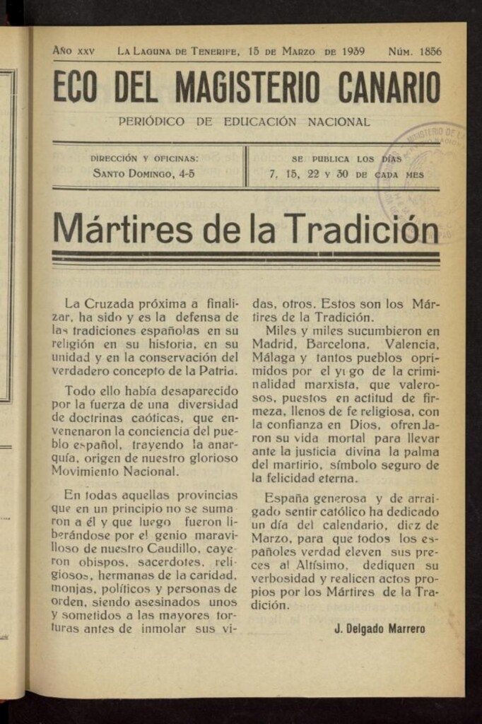 Miniatura de Eco del Magisterio Canario: periódico de instrucción pública del 15 de marzo de 1939, nº 1856