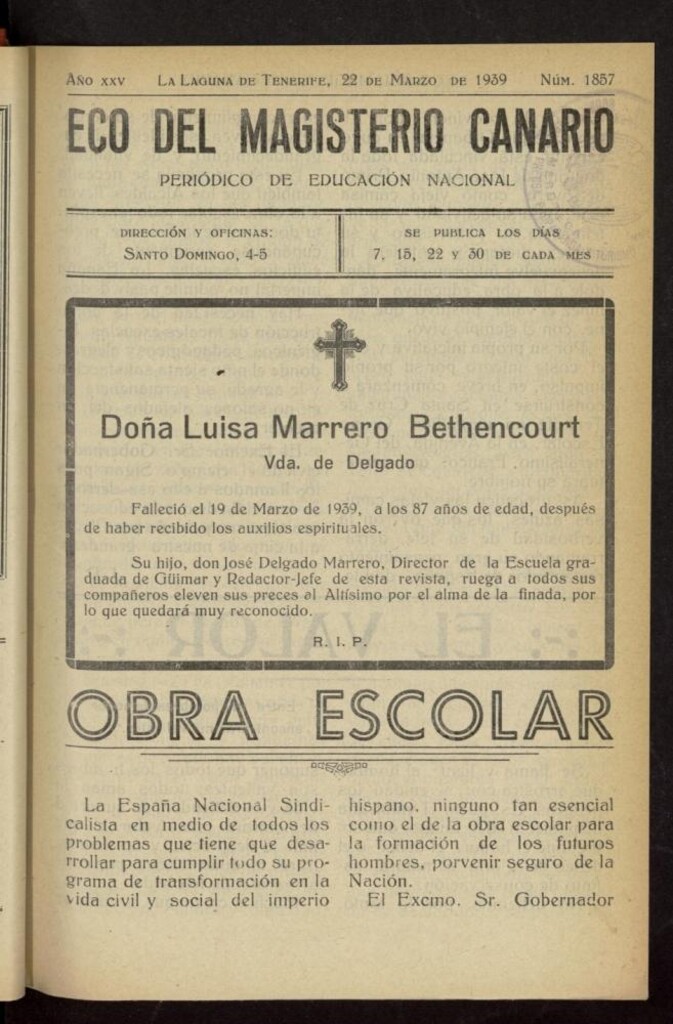 Miniatura de Eco del Magisterio Canario: periódico de instrucción pública del 22 de marzo de 1939, nº 1857