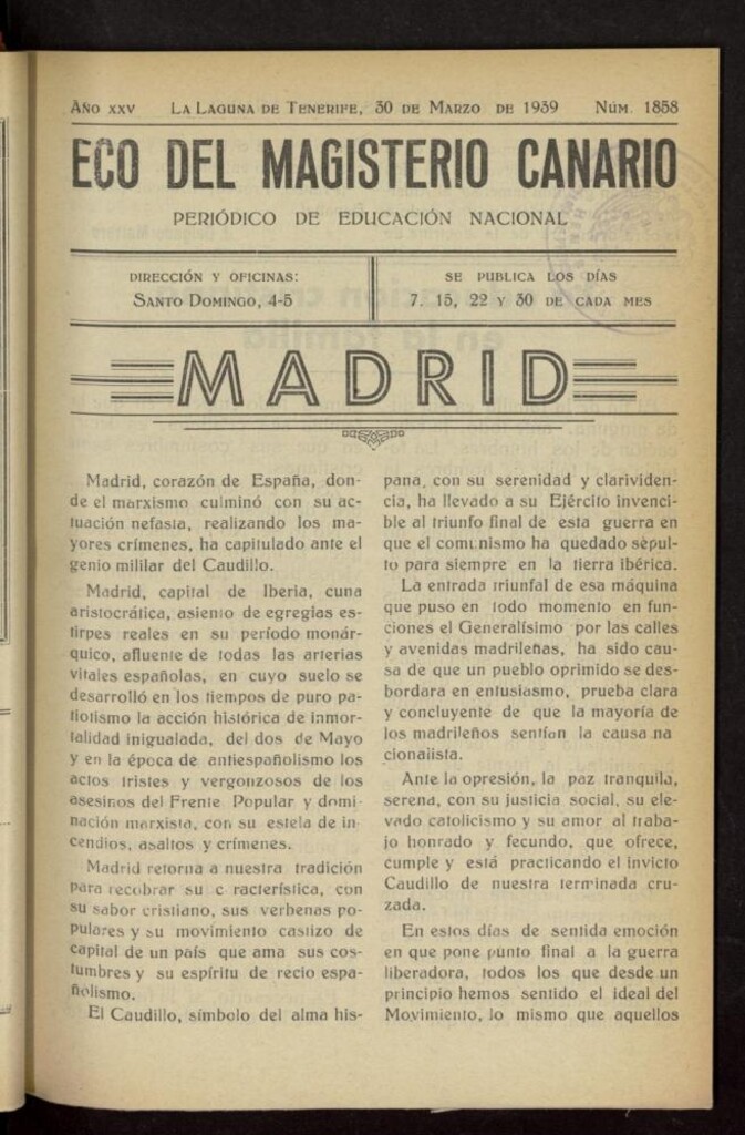 Miniatura de Eco del Magisterio Canario: periódico de instrucción pública del 30 de marzo de 1939, nº 1858