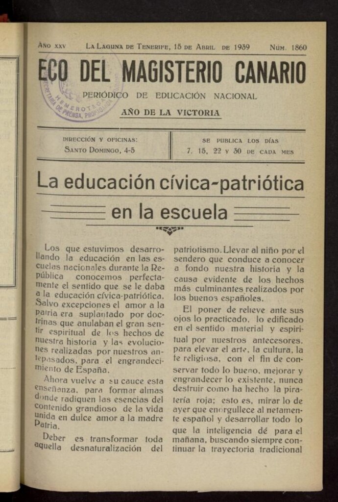 Miniatura de Eco del Magisterio Canario: periódico de instrucción pública del 15 de abril de 1939, nº 1860
