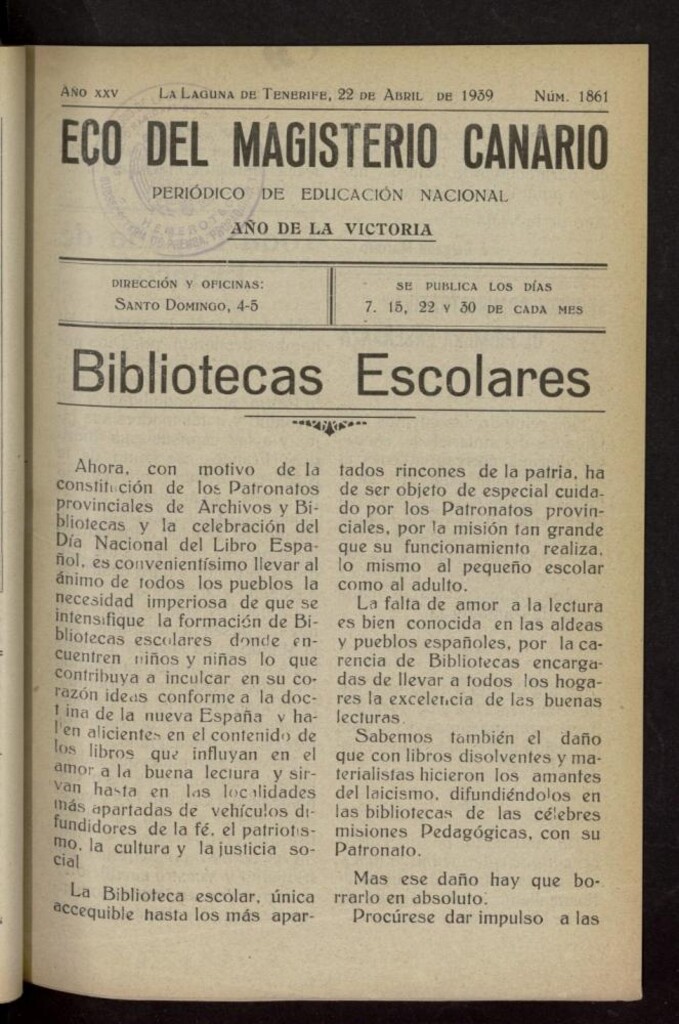 Miniatura de Eco del Magisterio Canario: periódico de instrucción pública del 22 de abril de 1939, nº 1861