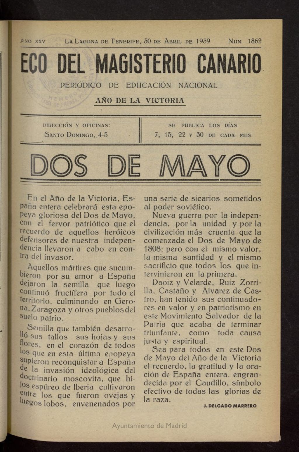 Miniatura de Eco del Magisterio Canario: periódico de instrucción pública del 30 de abril de 1939, nº 1862
