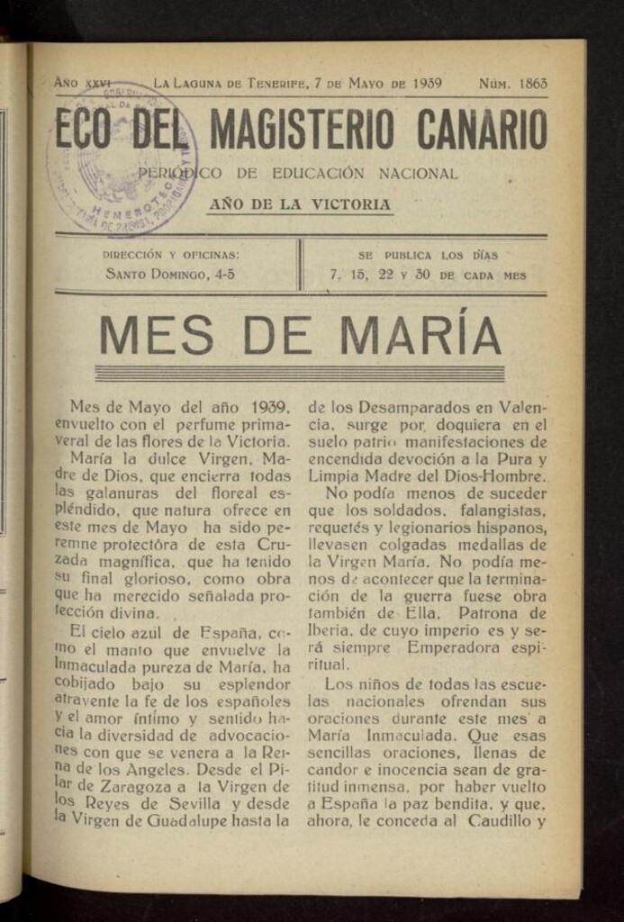 Miniatura de Eco del Magisterio Canario: periódico de instrucción pública del 7 de mayo de 1939, nº 1863