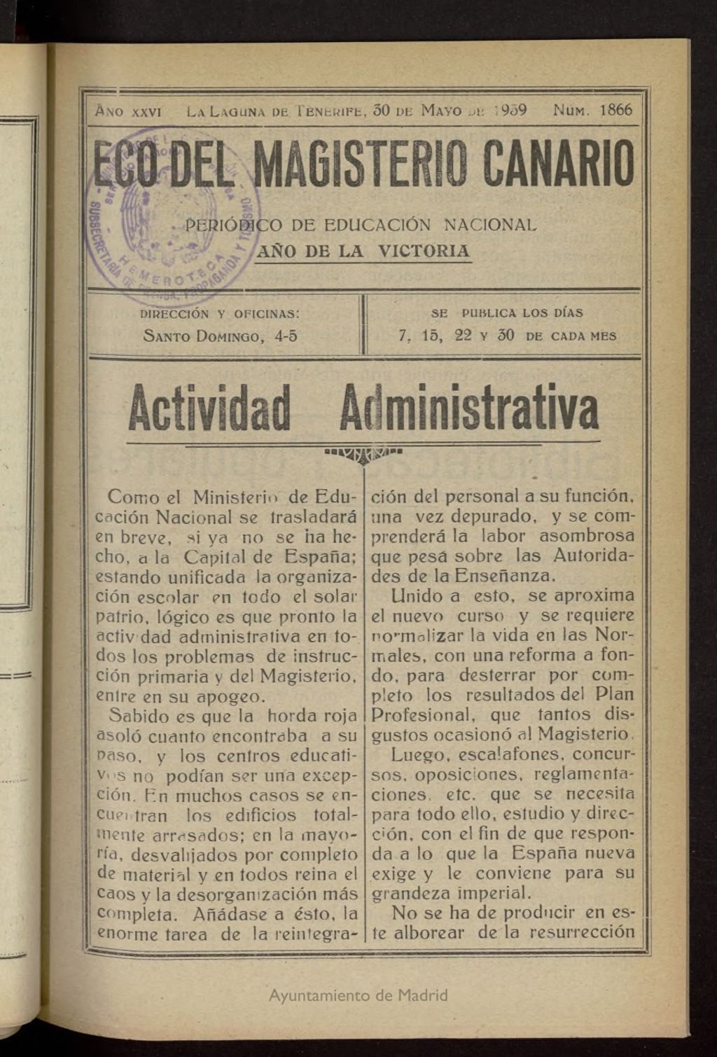 Miniatura de Eco del Magisterio Canario: periódico de instrucción pública del 30 de mayo de 1939, nº 1866