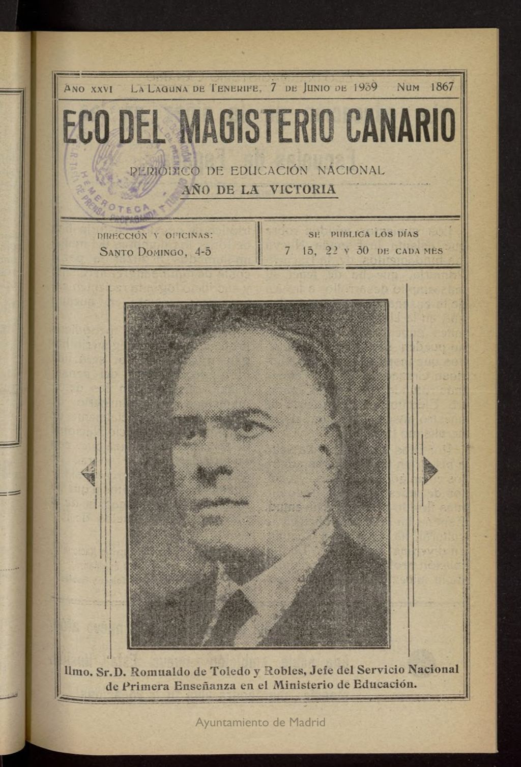 Miniatura de Eco del Magisterio Canario: periódico de instrucción pública del 7 de junio de 1939, nº 1867