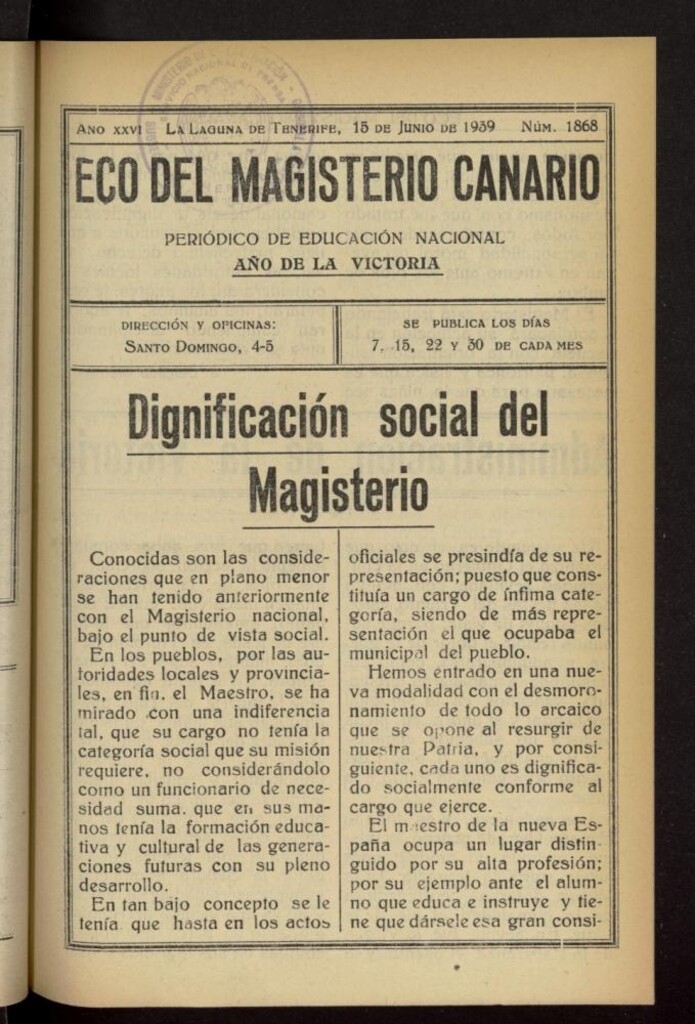 Miniatura de Eco del Magisterio Canario: periódico de instrucción pública del 15 de junio de 1939, nº 1868