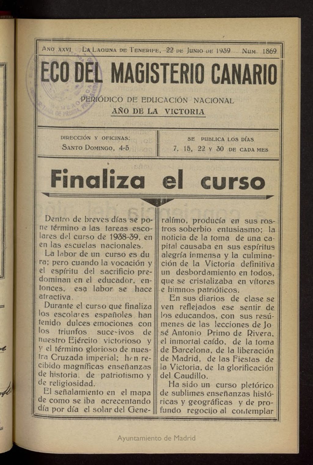 Miniatura de Eco del Magisterio Canario: periódico de instrucción pública del 22 de junio de 1939, nº 1869
