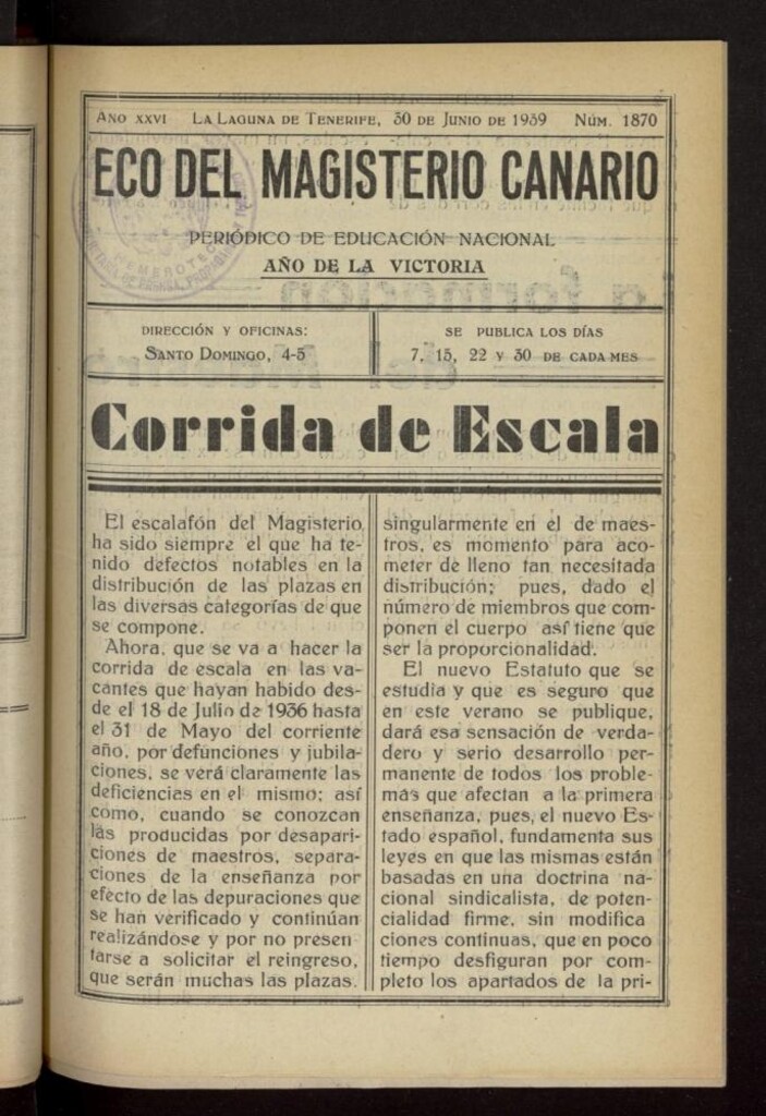 Miniatura de Eco del Magisterio Canario: periódico de instrucción pública del 30 de junio de 1939, nº 1870