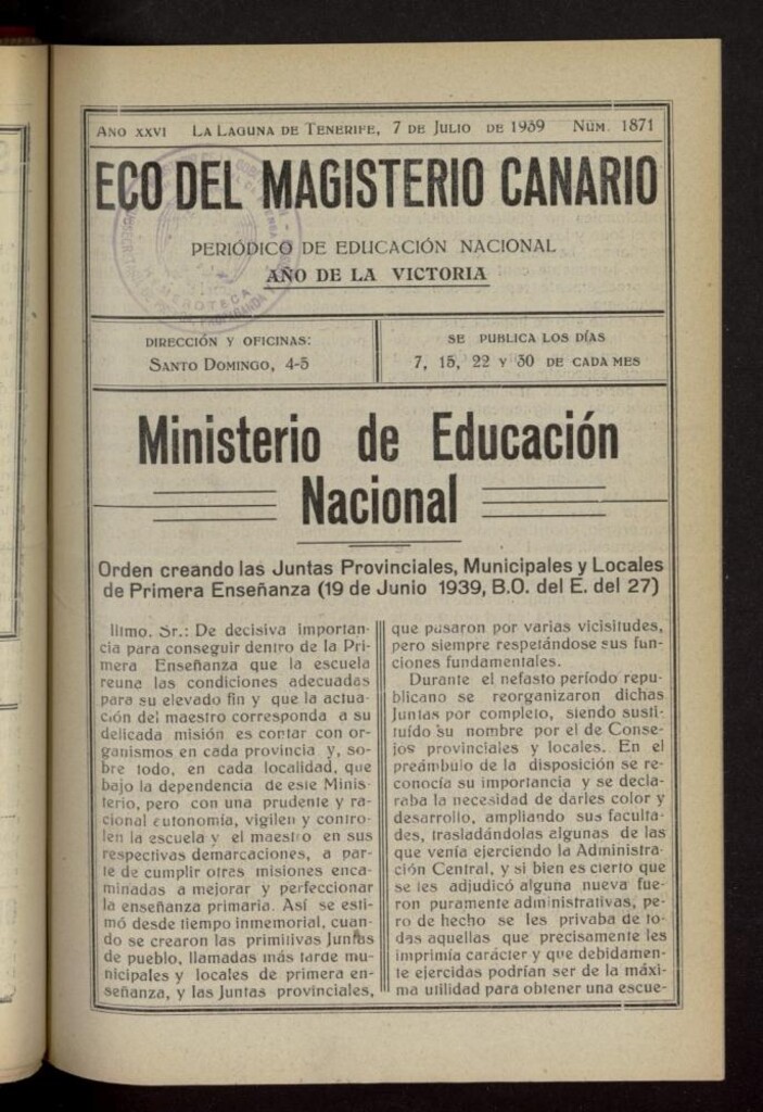 Miniatura de Eco del Magisterio Canario: periódico de instrucción pública del 7 de julio de 1939, nº 1871