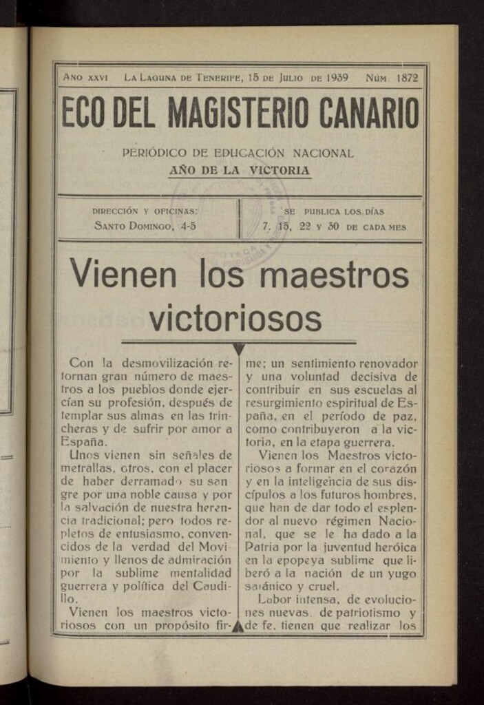 Miniatura de Eco del Magisterio Canario: periódico de instrucción pública del 15 de julio de 1939, nº 1872