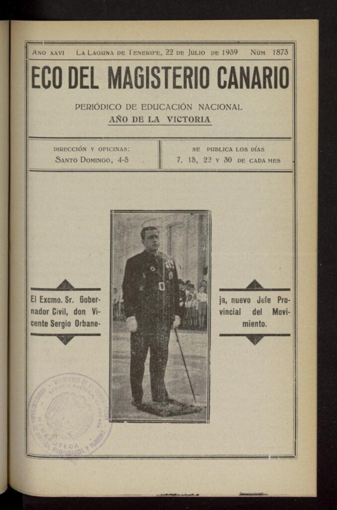 Miniatura de Eco del Magisterio Canario: periódico de instrucción pública del 22 de julio de 1939, nº 1873