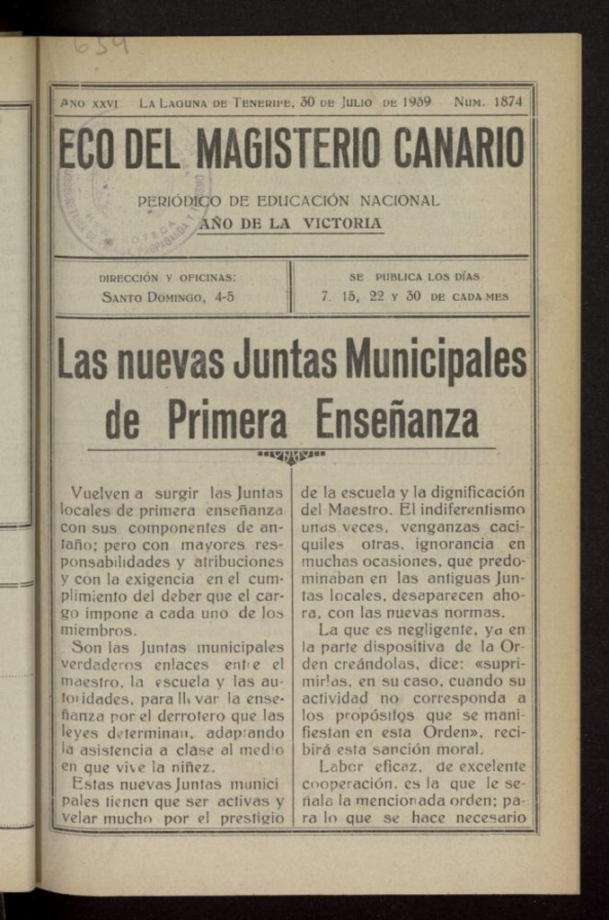 Miniatura de Eco del Magisterio Canario: periódico de instrucción pública del 30 de julio de 1939, nº 1874