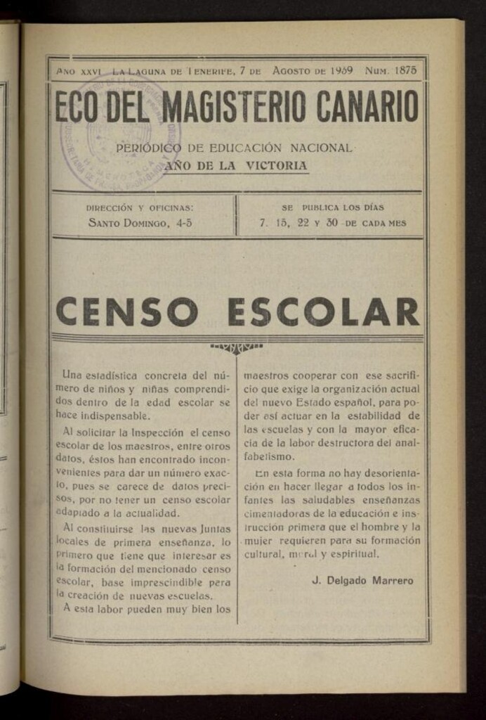 Miniatura de Eco del Magisterio Canario: periódico de instrucción pública del 7 de agosto de 1939, nº 1875