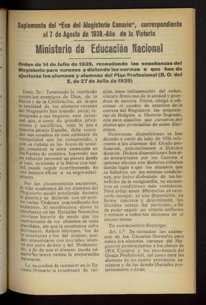 Miniatura de Suplemento del Eco del Magisterio Canario del 7 de agosto de 1939