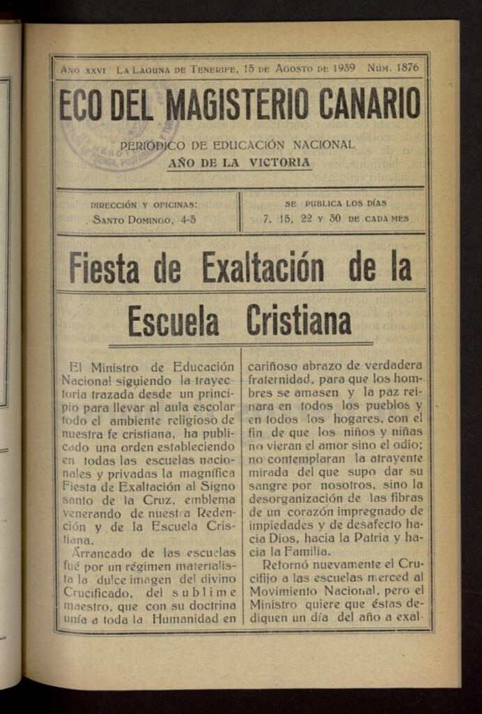 Miniatura de Eco del Magisterio Canario: periódico de instrucción pública del 15 de agosto de 1939, nº 1876