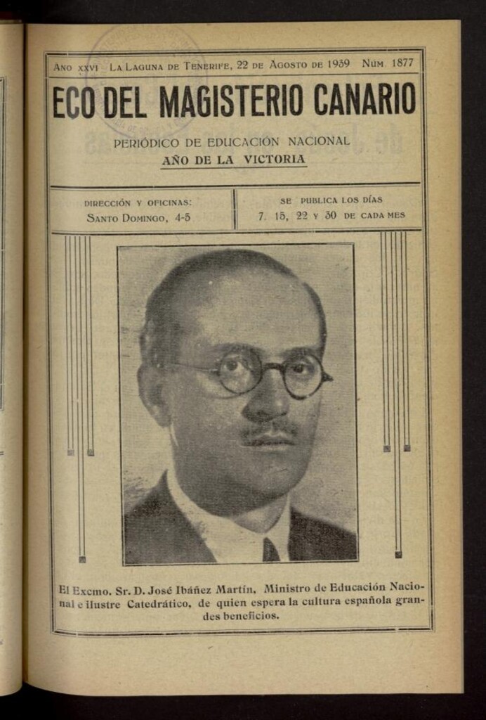 Miniatura de Eco del Magisterio Canario: periódico de instrucción pública del 22 de agosto de 1939, nº 1877
