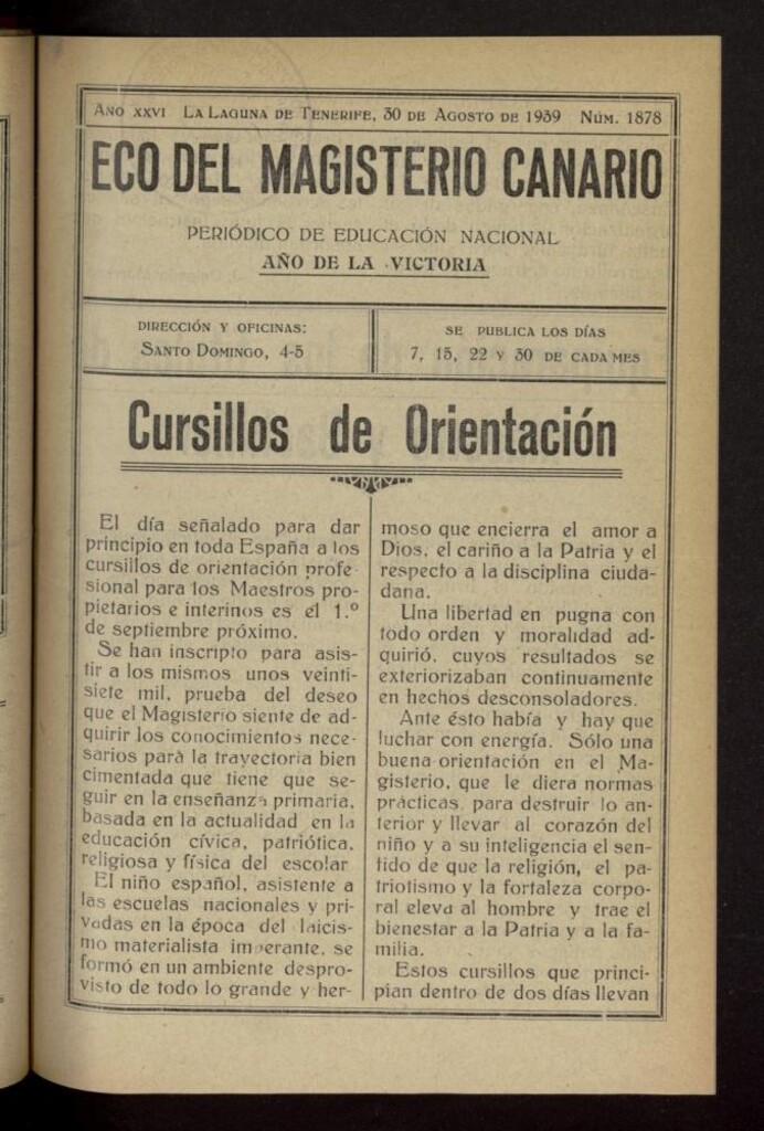 Miniatura de Eco del Magisterio Canario: periódico de instrucción pública del 30 de agosto de 1939, nº 1878