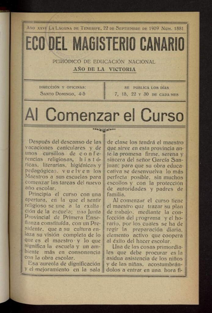 Miniatura de Eco del Magisterio Canario: periódico de instrucción pública del 22 de septiembre de 1939, nº 1881