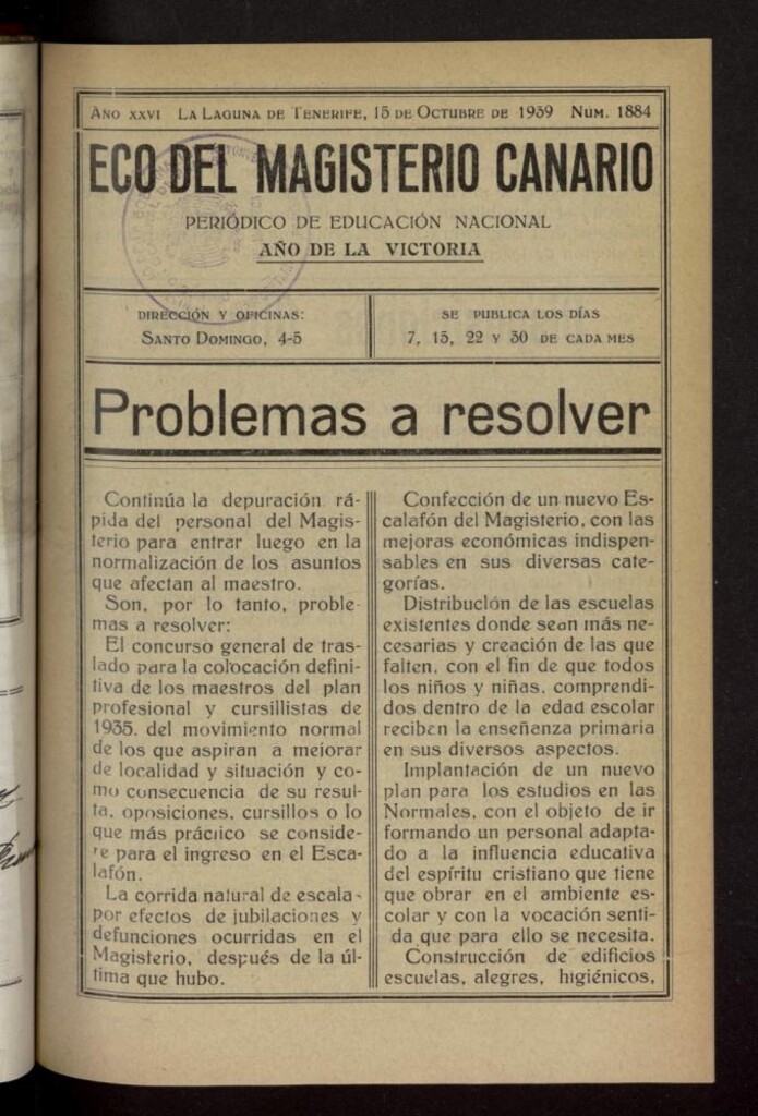 Miniatura de Eco del Magisterio Canario: periódico de instrucción pública del 15 de octubre de 1939, nº 1884