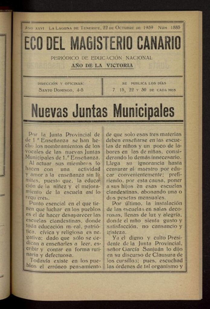 Miniatura de Eco del Magisterio Canario: periódico de instrucción pública del 22 de octubre de 1939, nº 1885