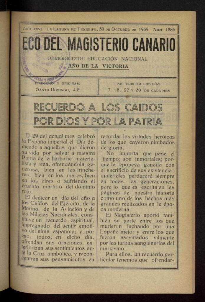 Miniatura de Eco del Magisterio Canario: periódico de instrucción pública del 30 de octubre de 1939, nº 1886