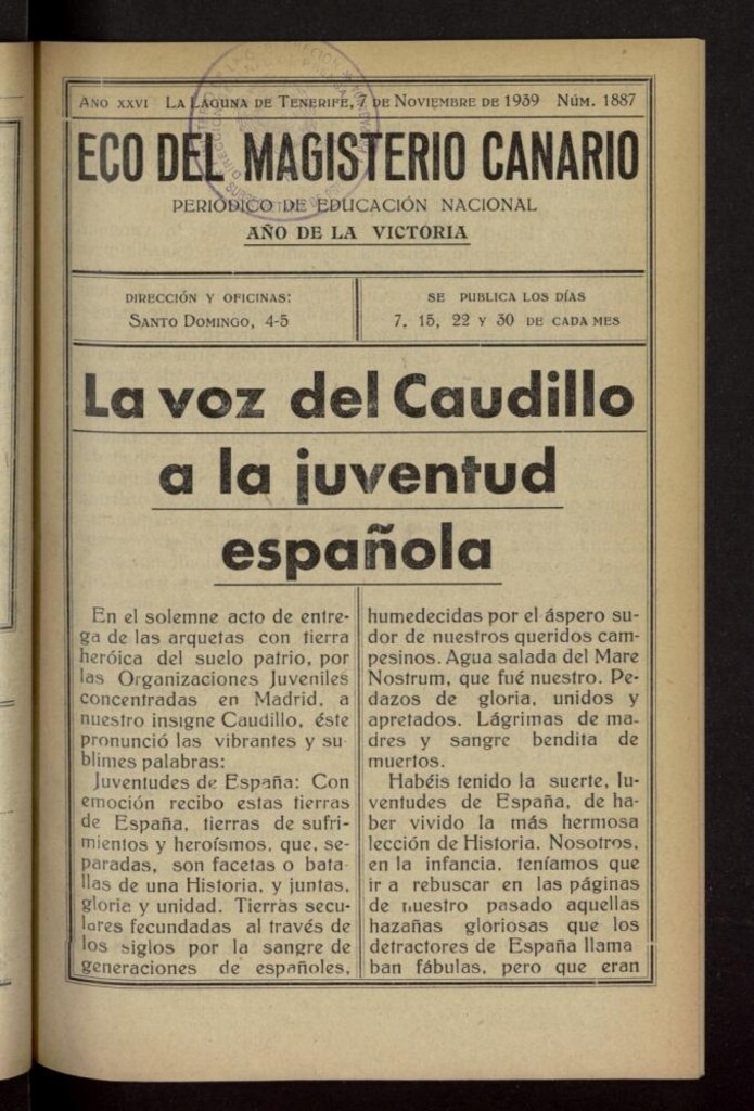 Miniatura de Eco del Magisterio Canario: periódico de instrucción pública del 7 de noviembre de 1939, nº 1887