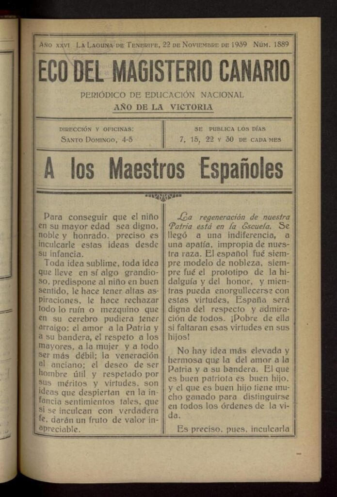 Miniatura de Eco del Magisterio Canario: periódico de instrucción pública del 22 de noviembre de 1939, nº 1889
