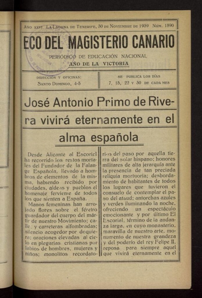 Miniatura de Eco del Magisterio Canario: periódico de instrucción pública del 30 de noviembre de 1939, nº 1890