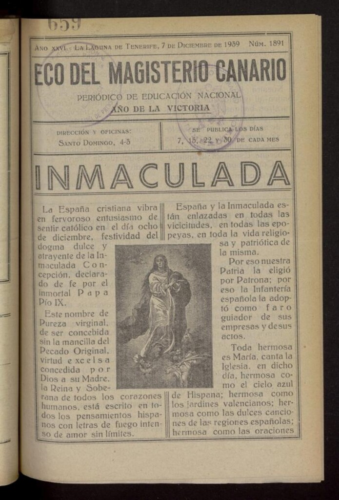 Miniatura de Eco del Magisterio Canario: periódico de instrucción pública del 7 de diciembre de 1939, nº 1891